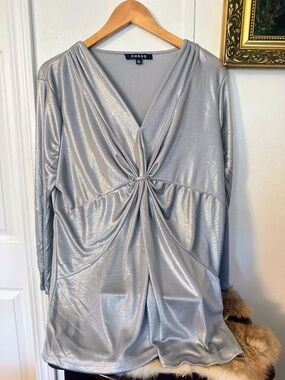 Chaus Silver Metallic Long-Sleeve Twist-Front Top